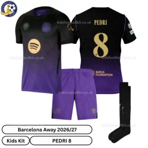 Barcelona Away Kids Kit 26_27-over view-PEDRI 8-with socks