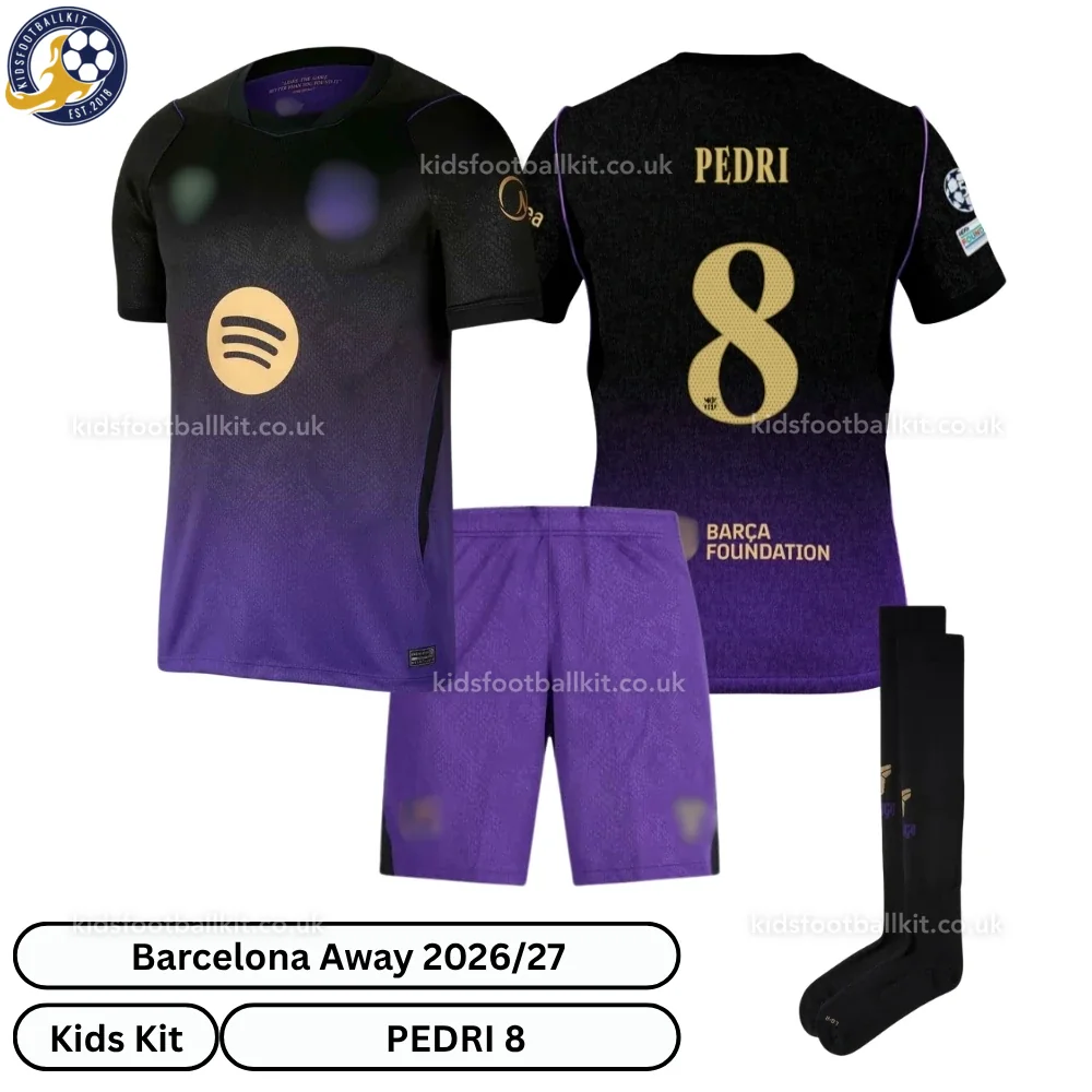 Barcelona Away Kids Football Kit 2026/27 – PEDRI 8 (With socks)