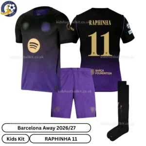 Barcelona Away Kids Kit 26_27-over view-RAPHINHA 11-with socks