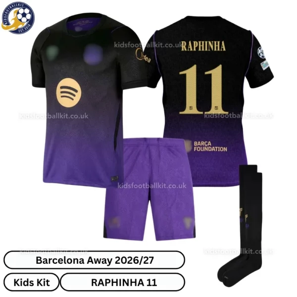 Barcelona Away Kids Kit 26_27-over view-RAPHINHA 11-with socks