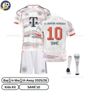 Bay^_^rn Away Kids Football Kit 2025/26 - SANÉ 10 (With Socks)