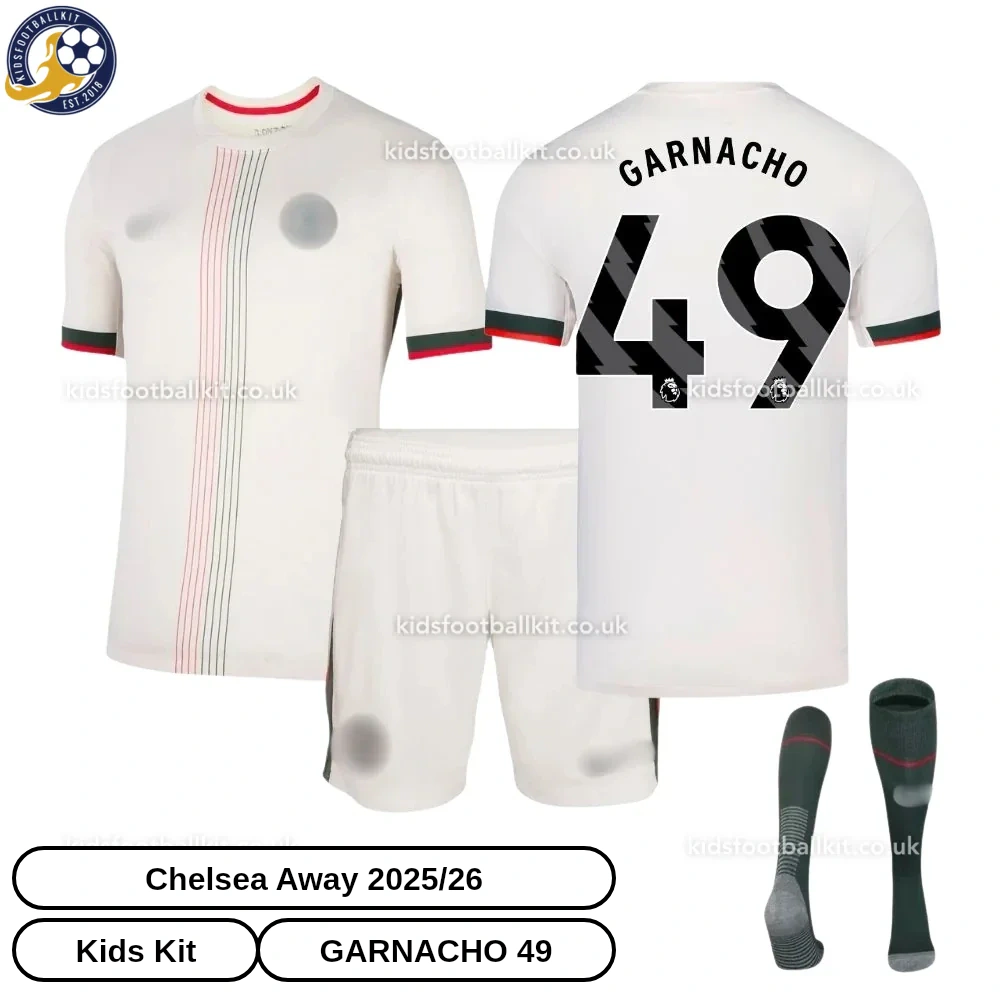 Chelsea Away Kids Football Kit 2025/26 – GARNACHO 49 (With Socks)