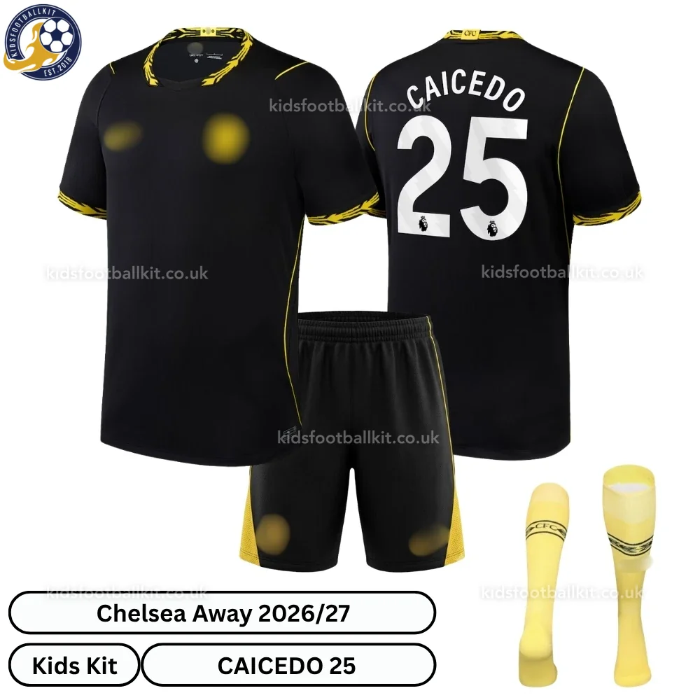 Chelsea Away Kids Football Kit 2026/27 – CAICEDO 25 (With socks)