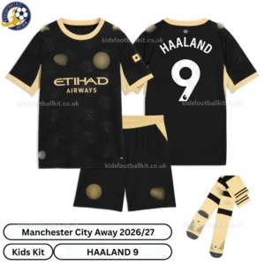 Manchester City Away Kids Kit 26_27-over view-HAALAND 9-with socks