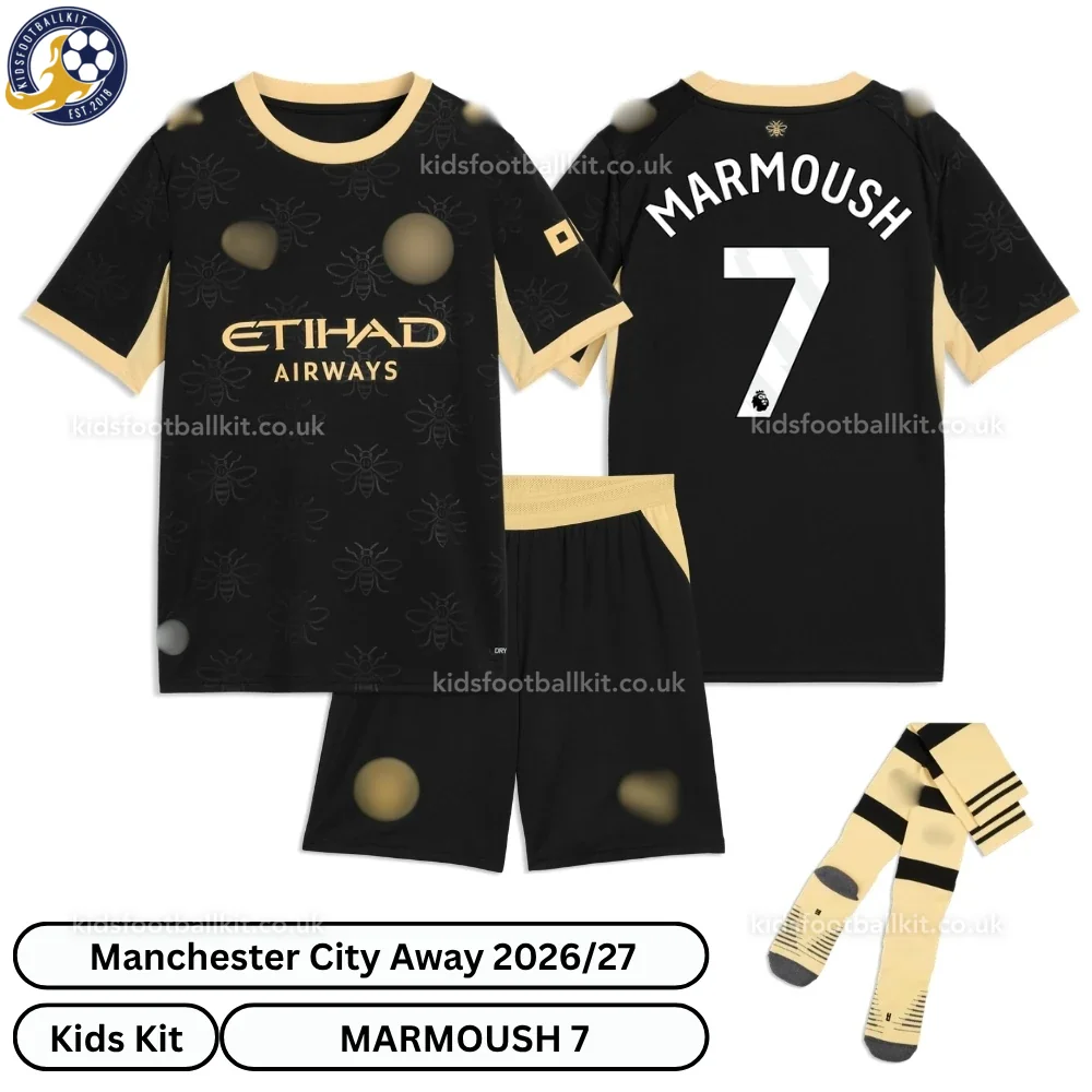 Manchester City Away Kids Football Kit 2026/27 – MARMOUSH 7 (With socks)