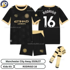 Manchester City Away Kids Kit 26_27-over view-RODRIGO 16-with socks