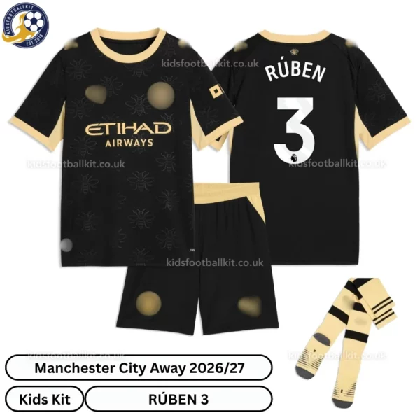Manchester City Away Kids Kit 26_27-over view-RÚBEN 3-with socks