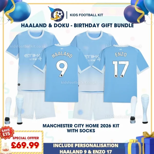 Manchester City home kids kits 26_27- HAALAND 9 and ENZO 17