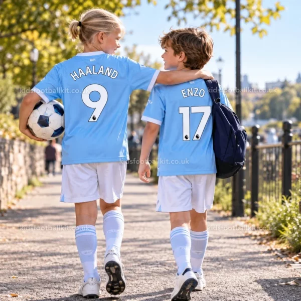 Manchester City home kids kits 26_27- HAALAND 9 and ENZO 17-image