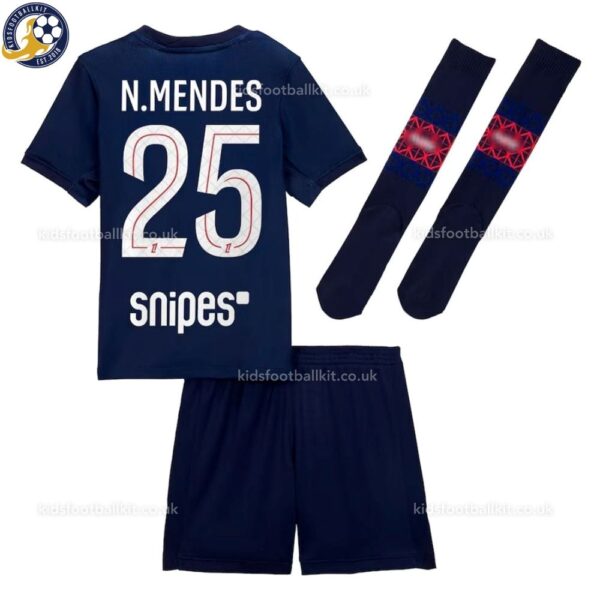 P^_^SG Home Kids Football Kit 2025/26 - N.MENDES 25 (With Socks) Back View