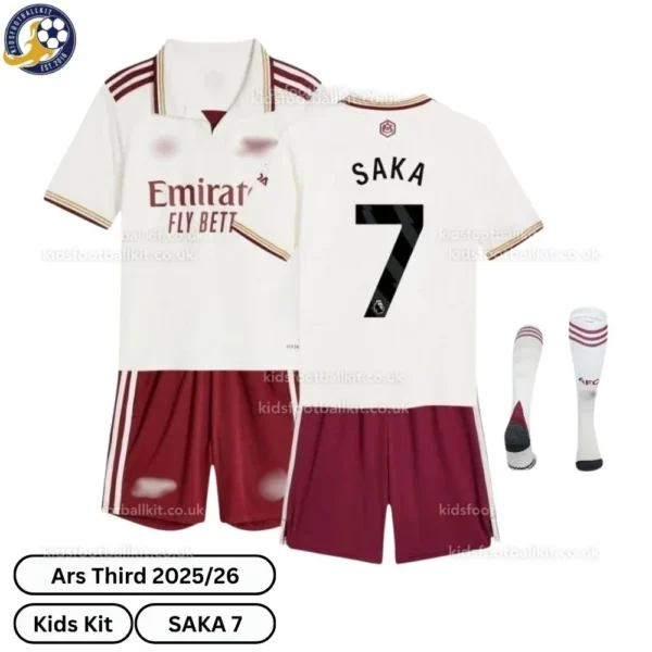 North London Red Third Kids Football Kit 2025/26 - SAKA 7 (With socks)