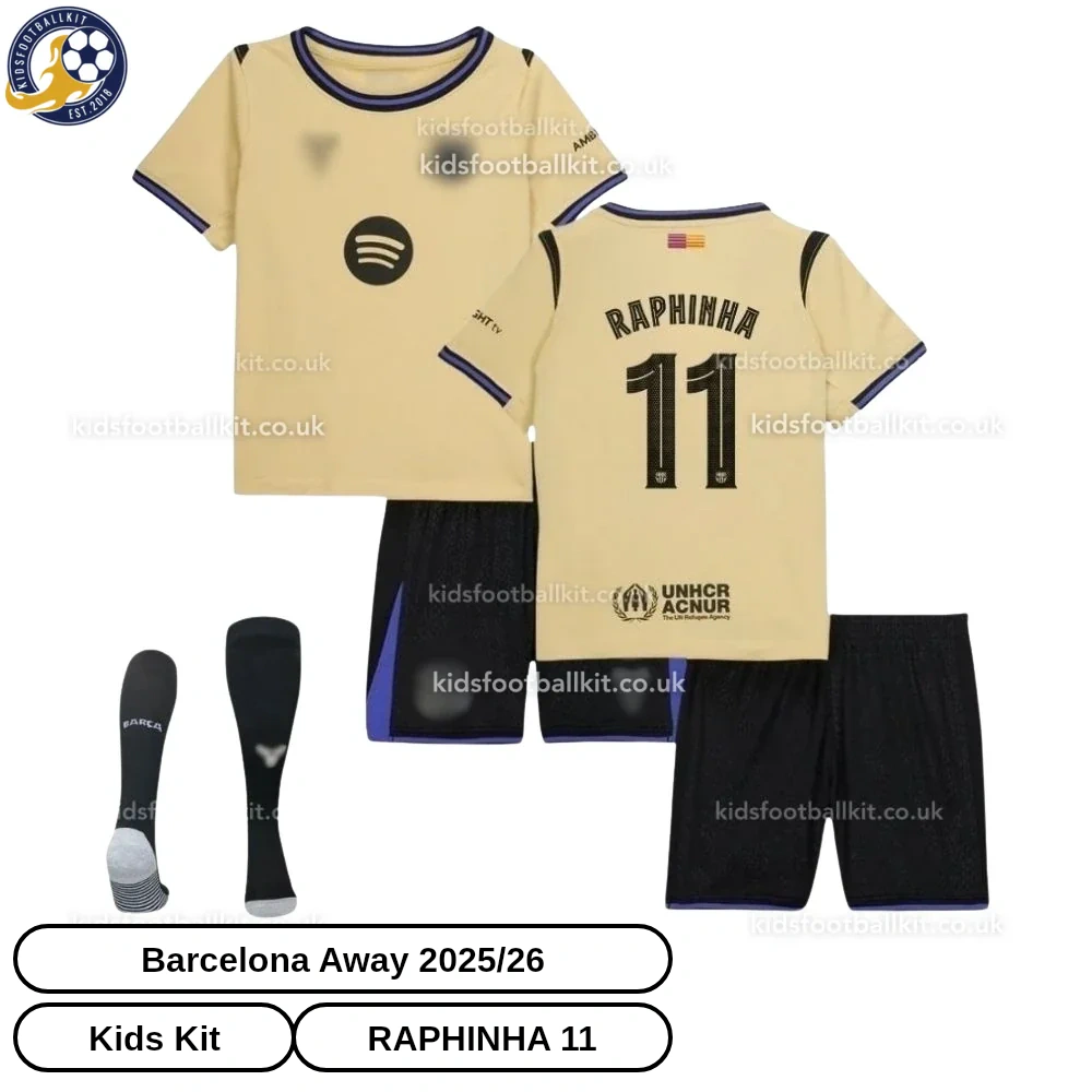 Barcelona Away Kids Football Kit 2025/26 – RAPHINHA 11 (With Socks)