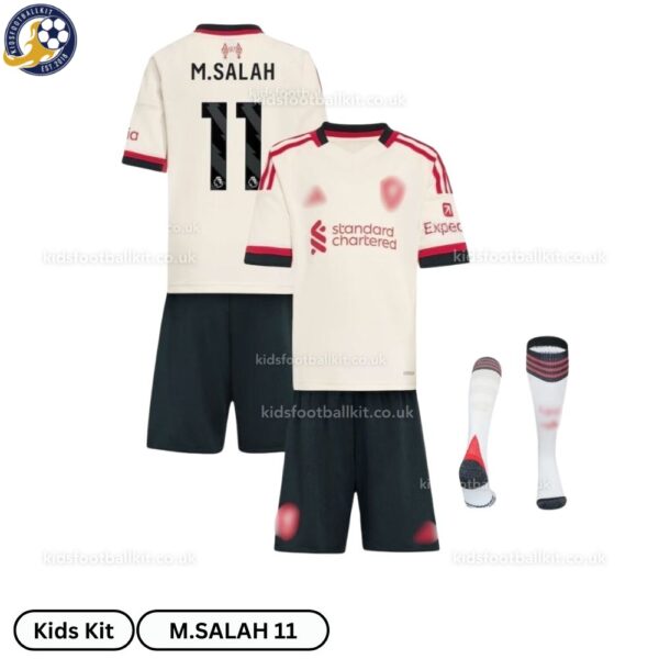 Lvr^_^pooI Away Kids Football Kit 2025/26 - M.SALAH 11 (With Socks)