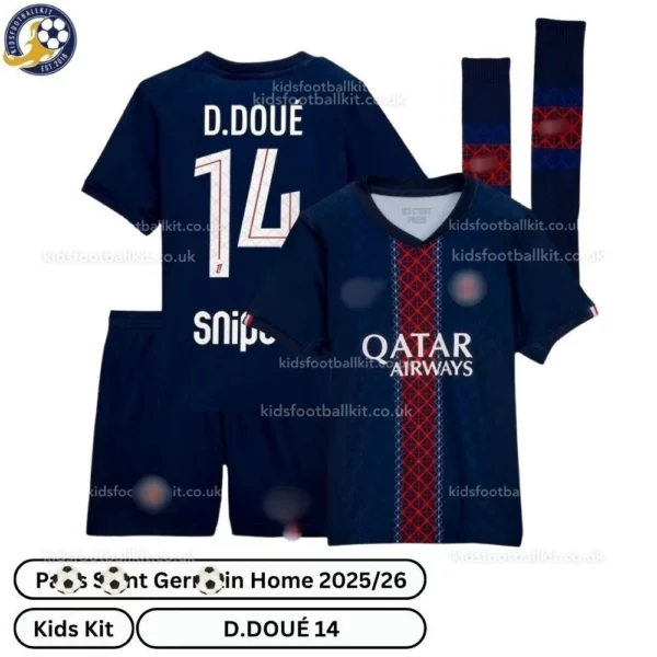 P^_^SG Home Kids Football Kit 2025/26 - D.DOUÉ 14 (With Socks)