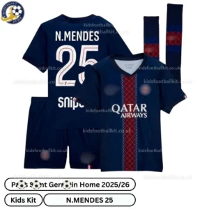 P^_^SG Home Kids Football Kit 2025/26 - N.MENDES 25 (With Socks)