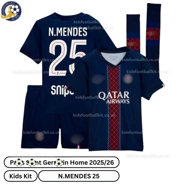 P^_^SG Home Kids Football Kit 2025/26 - N.MENDES 25 (With Socks)