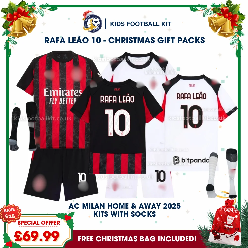 AC Milan Gift Pack – Home and Away Kids Football Kit 2025/26 – RAFA LEÃO 10 (With socks)