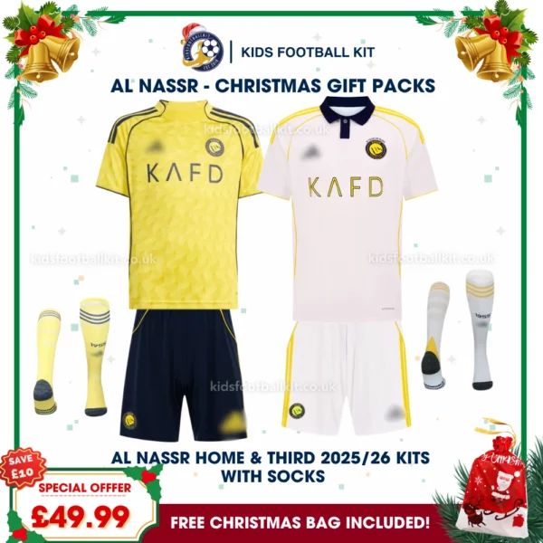 Al Nassr FC Gift Pack – Home and Third Kids Football Kit 2025/26 (With Socks)