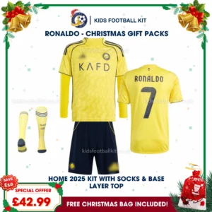 Al Nassr Gift Pack – Home Kids Football Kit 2025_26 (With socks & Base Layer Top) – RONALDO 7
