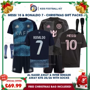 Al Nassr & Inter Miami Gift Pack – Away & Away Kids Football Kit 2025/26 - RONALDO 7 & MESSI 10 (With socks)