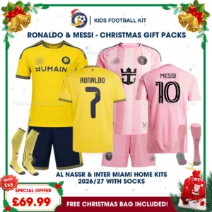 Al Nassr and Inter Miami Gift Pack – Home Kids Football Kit 2026/27 - RONALDO 7 and MESSI 10 (With socks)