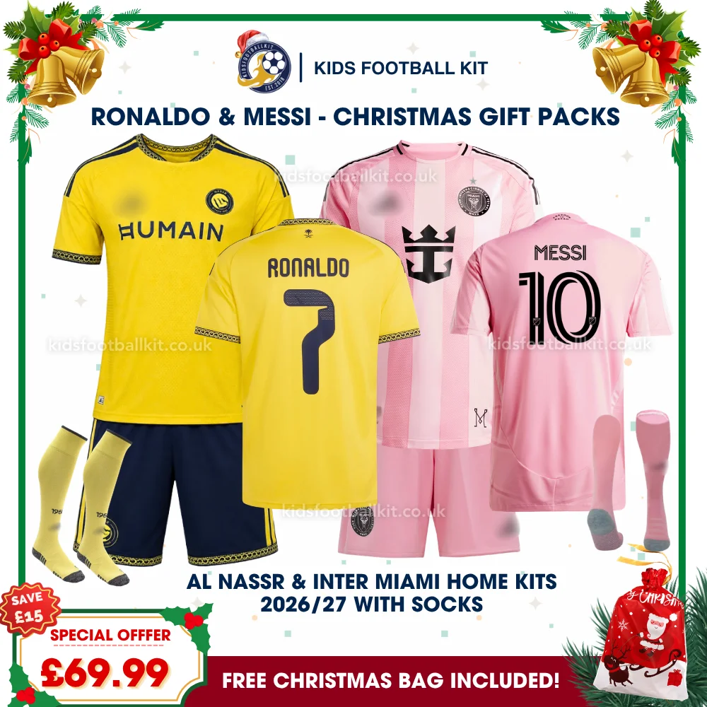 Al Nassr and Inter Miami Gift Pack – Home Kids Football Kit 2026/27 – RONALDO 7 and MESSI 10 (With socks)