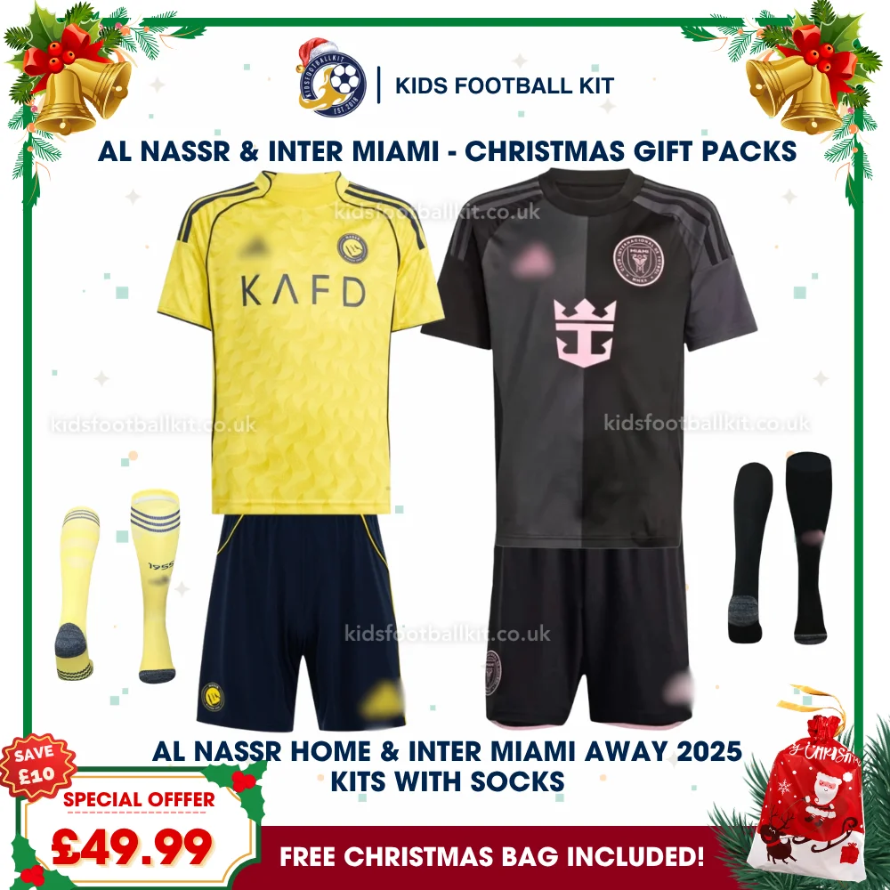 Al Nassr and Inter Miami Gift Pack – Home and Away Kids Football Kit 2025/26 (With socks)