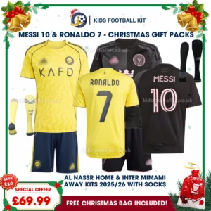 Al Nassr and Inter Miami Gift Pack – Home and Away Kids Football Kit 2025/26 - RONALDO 7 and MESSI 10 (With socks)