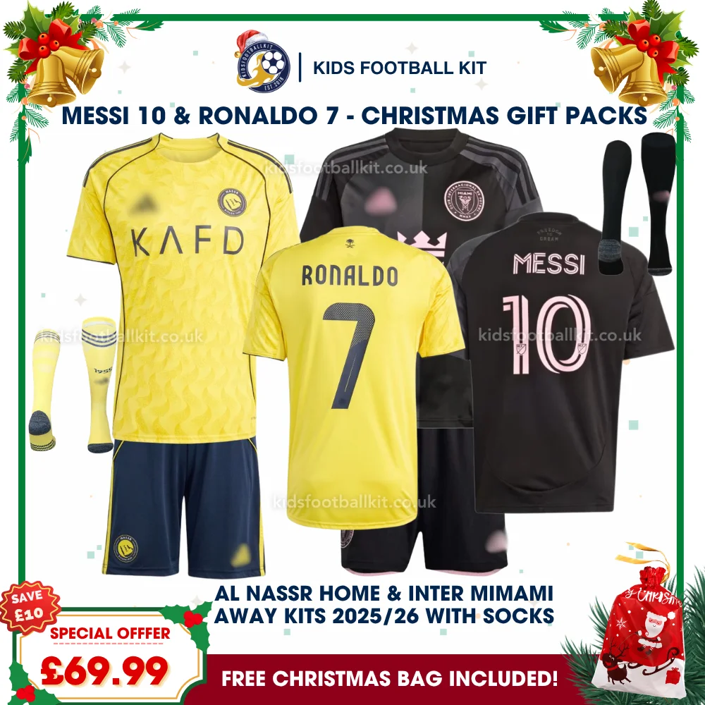 Al Nassr and Inter Miami Gift Pack – Home and Away Kids Football Kit 2025/26 – RONALDO 7 and MESSI 10 (With socks)