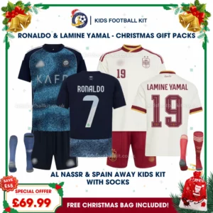 Al Nassr and Spain World Cup Champions 2026 Gift Pack – Away Kids Football Kit – RONALDO 7 and LAMINE YAMAL 19 (With Socks)