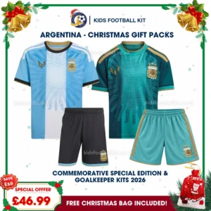 Argentina Gift Pack – Commemorative Special Edition and Goalkeeper Kids Football Kits (No socks)