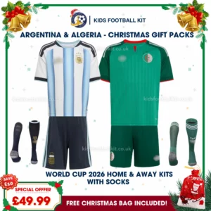 Argentina and Algeria World Cup 2026 Gift Pack – Home and Away Kids Football Kit (With socks)