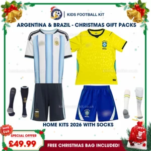Argentina and Brazil World Cup 2026 Gift Pack – Home Kids Football Kit (With socks)
