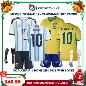 Argentina and Brazil World Cup 2026 Gift Pack – Home Kids Football Kit (With socks) - MESSI 10 and NEYMAR JR 10
