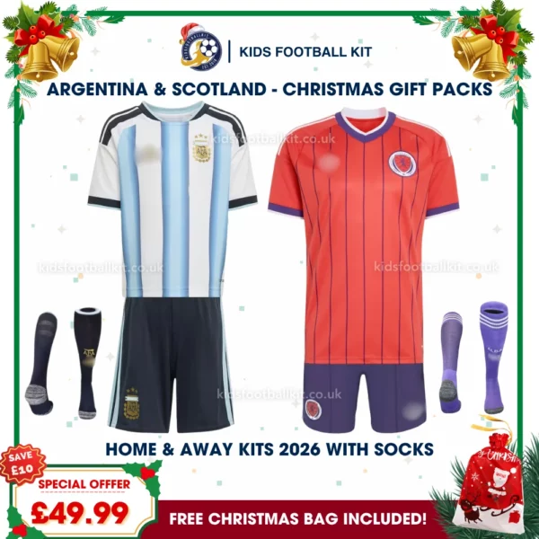 Argentina and Scotland World Cup 2026 Gift Pack – Home and Away Kids Football Kit (With socks)