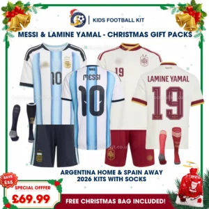 Argentina and Spain World Cup Champions 2026 Gift Pack – Home and Away Kids Football Kit – MESSI 10 and LAMINE YAMAL 19 (With Socks)