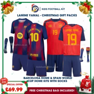 Barcelona and Spain World Cup Champions 2026 Gift Pack – Home Kids Football Kit - LAMINE YAMAL 10 and LAMINE YAMAL 19 (With socks)