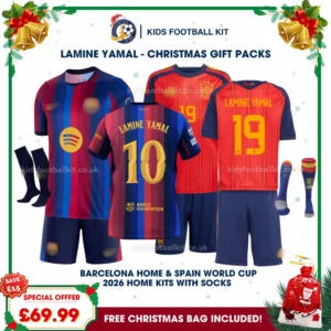 Barcelona and Spain World Cup Champions Gift Pack – Home Kids Football Kit 2026 - LAMINE YAMAL 10 and LAMINE YAMAL 19 (With socks)
