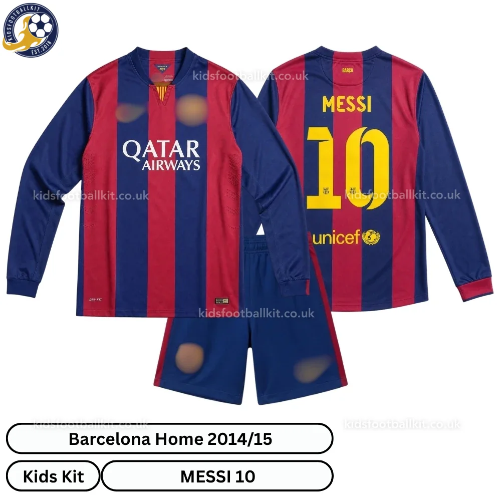 Retro Barcelona Home Kids Football Kit 2014/15 – MESSI 10 (Long Sleeve, No socks)
