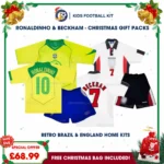 Brazil and England Retro Gift Pack – Home Kids Football Kit (No socks) - RONALDINHO 10 and BECKHAM 7