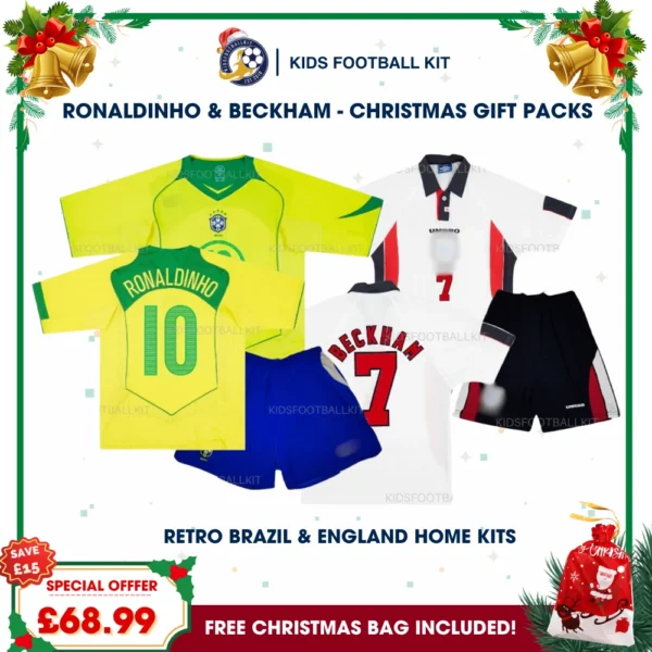 Brazil and England Retro Gift Pack – Home Kids Football Kit (No socks) - RONALDINHO 10 and BECKHAM 7