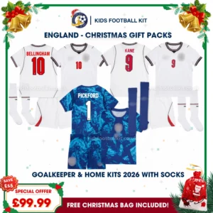England Gift Pack – World Cup 2026 Home and Goalkeeper Kids Football Kits (With socks) - BELLINGHAM 10 and KANE 9 and PICKFORD 1