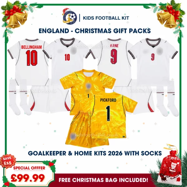 England Gift Pack – World Cup 2026 Home and Goalkeeper Kids Football Kits - BELLINGHAM 10 and KANE 9 and PICKFORD 1 - Yellow