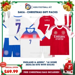 England Lionesses and North London Red Gift Pack – Home Kids Football Kit 2025 - SAKA 7 (With socks)