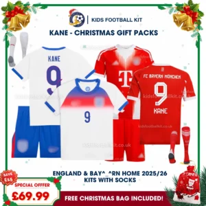 England Lionesses and Bay^_^rn Gift Pack – Home Kids Football Kit 2025 - KANE 9 (With socks)