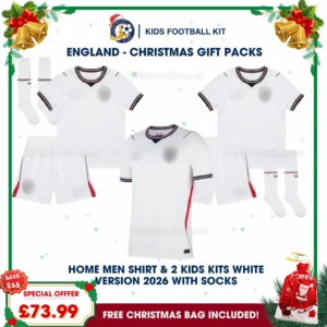 England World Cup 2026 Family Gift Pack – Home Dad Shirt and 2 Kids Football Kits (White Short)