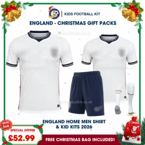 England World Cup 2026 Gift Pack – Home Dad Shirt and Son Kids Football Kit 2026 - Navy Short Version