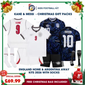 England and Argentina World Cup 2026 Gift Pack – Home and Away Kids Football Kit - KANE 9 and MESSI 10