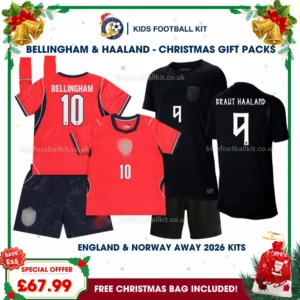 England and Norway World Cup 2026 Gift Pack – Away Kids Football Kit - BELLINGHAM 10 and BRAUT HAALAND 9