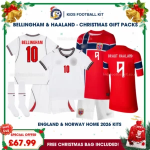 England and Norway World Cup 2026 Gift Pack – Home Kids Football Kit - BELLINGHAM 10 and BRAUT HAALAND 9